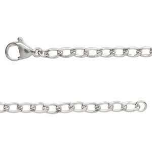 Chain 1pkg2 curb, 3mm flat / lobster claw clasp, stainless steel 16 inch