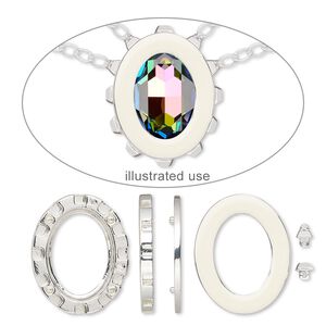 Mount 1pkg1, Miracle Mount&trade;, enamel and silver-finished "pewter" (zinc-based alloy), white, 39x32mm oval with 30x22mm oval setting. 18-piece set.