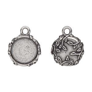 Drop, TierraCast&reg;, antique silver-plated pewter (tin-based alloy), 16mm round with leaf design, 12.5mm cabochon setting. Sold per pkg of 20.