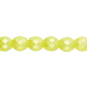 Bead, Czech fire-polished dipped d&eacute;cor glass, pearlescent light yellow, 8mm faceted round. Sold per 15-1/2" to 16" strand.