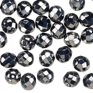 Czech fire-polished glass 1pkg1, faceted round bead opaque hematite 1/2 mass 8mm