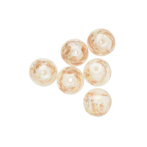 Bead, lampworked glass, clear /opaque white/ glow-in-the-dark / gold, 8mm round. Sold per pkg of 6.