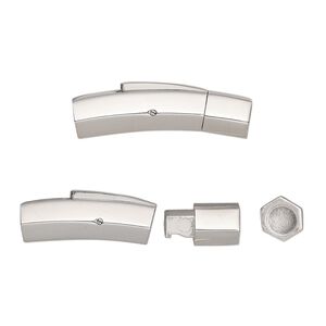 Clasp bullet 1pkg1, 30x7mm curved hexagon tube / push release / fits 5mm cord, stainless steel 1-strand