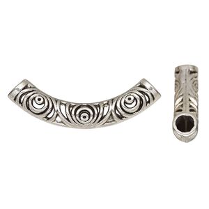 Bead 1pkg2 silver-finished "pewter", 52.5x17mm curved tube / cutout circle, antique