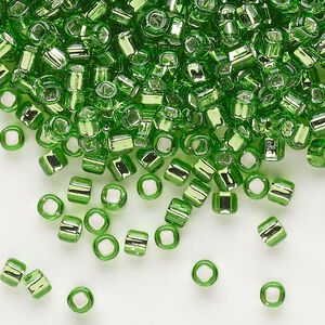 Seed bead, Dyna-Mites&trade;, glass, silver-lined translucent lime, #6 round with square hole. Sold per 40-gram pkg.