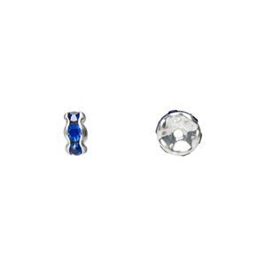 Bead 1pkg10 silver-plated, 6x3mm rondelle, brass / sapphire blue rhinestone