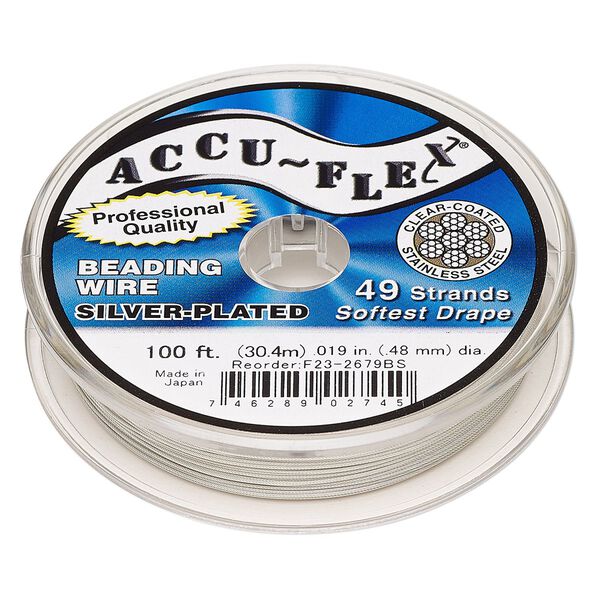 Beading wire, Accu-Flex&reg;, nylon and silver-plated stainless steel, clear, 49 strand, 0.019-inch diameter. Sold per 100-foot spool. image number 0