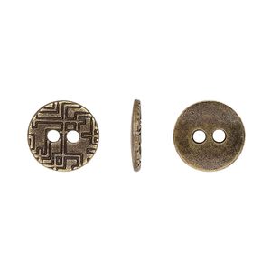 Button, antiqued brass-finished "pewter" (zinc-based alloy), 12mm single-sided flat round with geometric design. Sold per pkg of 50.