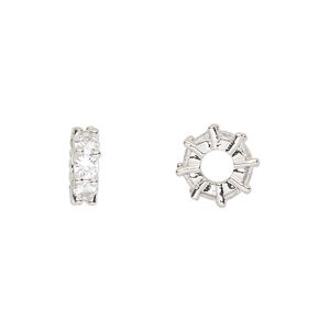 Bead 1pkg2 silver-plated, 10.5x3.5mm rondelle, brass / clear cubic zirconia