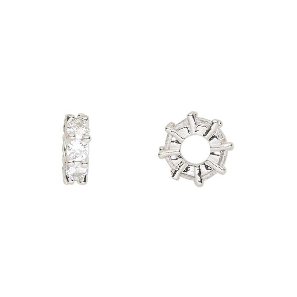 Bead 1pkg2 silver-plated, 10.5x3.5mm rondelle, brass / clear cubic zirconia image number 0