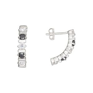 Earring, sterling silver and cubic zirconia, clear and black, 19mm with faceted round and post. Sold per pair.