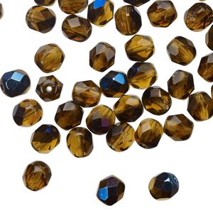Bead 1pkg60 Czech fire-polished glass, 6mm faceted round, mixed half-coated blue iris honey