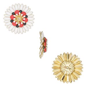 Component, epoxy and gold-finished copper, white / red / black, 27mm center-drilled single-sided flower. Sold per pkg of 2.