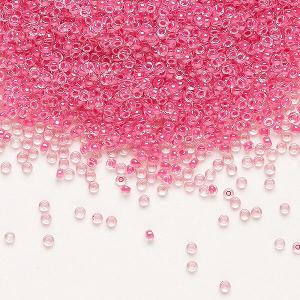 Seed bead, Miyuki, glass, pkg/250g, #15 rocaille, translucent carnation pink-lined luster crystal clear (RR-208). image number 0