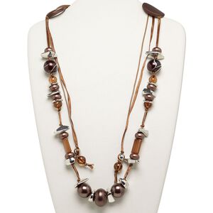 Necklace, acrylic and satin ribbon, brown and silver, 10mm-35x26mm mixed shapes, waxed cotton cord adjustable up to 46-1/2 inches. Sold individually.