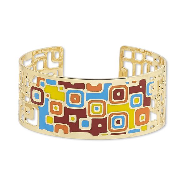 Bracelet, Avant-Garde Jewelry Collection&trade;, cuff, enamel and gold-plated brass, multicolored, 30mm wide with cutout and geometric design, adjustable from 7-1/2 to 8 inches. Sold individually. image number 0
