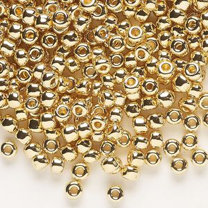 Seed bead, Dyna-Mites&trade;, glass, opaque 24Kt gold-plated, #6 round. Sold per 1/2 kilogram pkg.