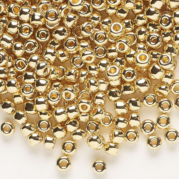 Seed bead, Dyna-Mites&trade;, glass, opaque 24Kt gold-plated, #6 round. Sold per 1/2 kilogram pkg. image number 0