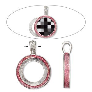 Pendant, Almost Instant Jewelry&reg;, epoxy / crystals / imitation rhodium-finished "pewter" (zinc-based alloy), rose pink and crystal clear with glitter, 33x24mm single-sided with 20mm round setting. Sold individually.