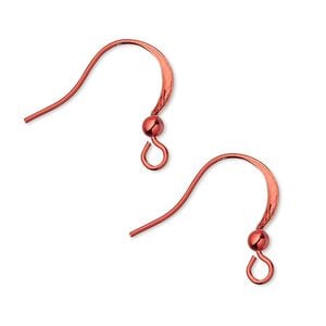 Ear wire fishhook 1pkg10 stainless steel / brass, 19mm flat / 3mm ball / open loop, 21 gauge electro-coated red 5 pair