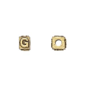 Bead 1pkg4 gold-plated pewter, 8x6mm rectangle / letter G, antique Dione&reg;