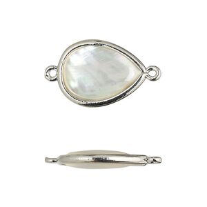 Link, mother-of-pearl shell and imitation rhodium-finished brass (assembled) 1pkg4, 18.5x13.5mm-20x15mm double-sided teardrop.