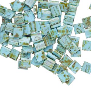 Seed bead, TILA&reg;, glass, pkg/40g, 5mm full tila square, opaque Picasso antique turquoise blue, (TL-4514).
