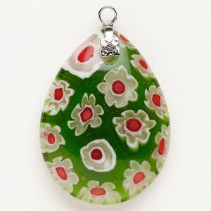 Focal 1pkg1 silver-finished steel and millefiori glass, translucent and transparent green / red / white, 37x26mm-38x28mm puffed teardrop.