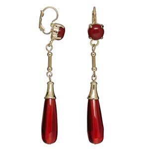 Earring, acrylic / resin / gold-finished brass / steel / "pewter" (zinc-based alloy), red and dark red, 3 inches with teardrop and leverback ear wire. Sold per pair.
