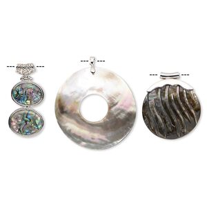 Pendant mix, epoxy / multi-shell (natural / dyed / assembled) / imitation rhodium-finished brass 1pkg3, mixed colors, 26x25mm-70x70mm mixed shape.