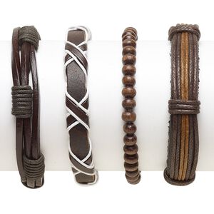 Bracelet mix, Everyday Jewelry, leather (dyed) / faux leather (dyed) / Japanese pagoda wood / waxed cotton cord, dark brown / brown / white, 5-14mm wide, 7-8 inches. Sold per pkg of 4.