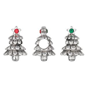 Bead 1pkg1 silver-plated pewter, 17x12mm Christmas tree / 3D / 2mm faceted round, emerald & light Siam crystal / antique Dione&reg;