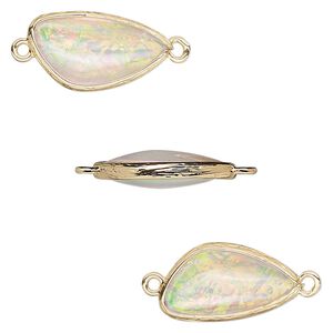 Link, Opalized Ice&trade;, "opal" (resin) and gold-finished brass, white, 19.5x11mm double-sided wing. Sold per pkg of 4.