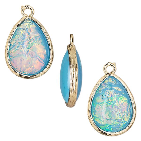 Drop, Opalized Ice&trade;, "opal" (resin) and gold-finished brass, light blue, 19.5x15mm double-sided teardrop. Sold per pkg of 4. image number 0