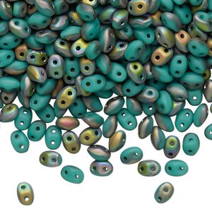 Bead, Preciosa Twin&trade;, Pressed Twin, Czech pressed glass, opaque matte turquoise green half-coated vitrail, 5x2.5mm oval with (2) 0.7-0.8mm holes. Sold per 250-gram pkg.