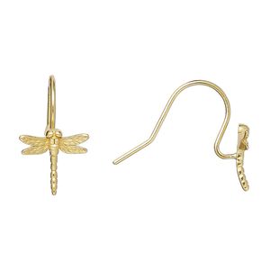 Ear wire fishhook 1pkg2 Amoracast&reg; sterling silver, 13mm / 11x11mm dragonfly / open loop / satin finished, 20 gauge "vermeil" 1 pair