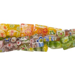 Bead 1pkg3 millefiori glass, translucent multicolored, 7-9mm puffed square with flower design, 14-inch strand.