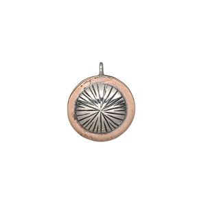 Drop, antiqued sterling silver and copper, 15mm single-sided round shield with textured silver domed center. Sold individually.
