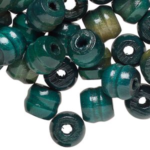 Bead, wood (dyed/waxed), green, 11x9mm ribbed barrel. Sold per pkg of 100.