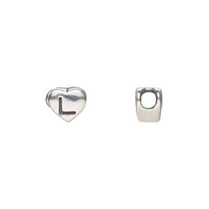 Bead 1pkg1 sterling silver, 7.5x7mm heart / letter L, antiqued Dione&reg;