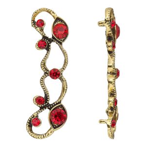 Spacer, antiqued gold-finished "pewter" (zinc-based alloy) and Czech glass rhinestone, light Siam, 45x13mm 2-strand with fancy design. Sold per pkg of 4.