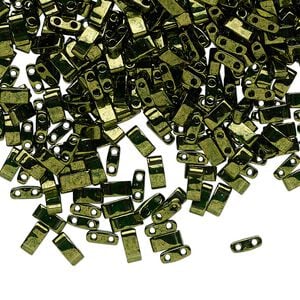 Seed bead, TILA&reg;, glass, pkg/10g, 5x2.3mm half tila rectangle, translucent luster olive green, (HTL-306).