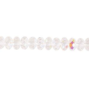 Bead, Czech fire-polished glass, clear AB, 7x5mm faceted rondelle. Sold per 15-1/2" to 16" strand.