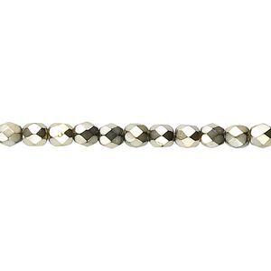 Bead, Czech fire-polished glass, opaque gold carmen, 4mm faceted round. Sold per 15-1/2" to 16" strand.