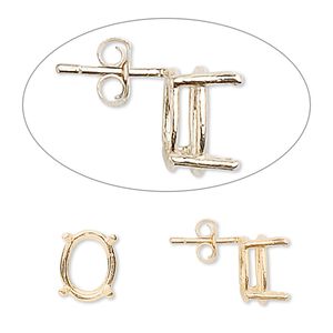 Earstud 1pkg2 Sure-Set&trade; 14Kt gold, 10x8mm oval pre-notched 4-prong basket-style setting / earnuts, 1 pair