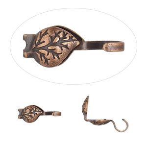 Bead tip bottom clamp-on 1pkg100 copper-plated, 9x5mm leaf / open loop, brass / antiqued / Hot Tips&reg;