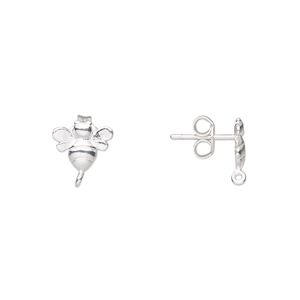 Earstud 1pkg2 Amoracast&reg; sterling silver, 9x8mm bee / earnuts, 1 pair