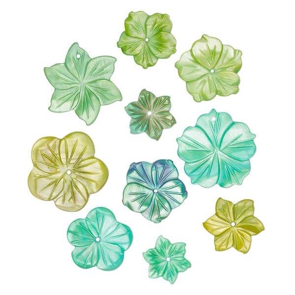 Focal and component mix, mother-of-pearl shell (dyed) 1pkg10, multi-green, 12-25mm hand-carved flower. image number 0