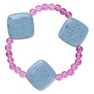 Bracelet, stretch, glass and acrylic, opaque purple and blue, 5mm round and 27x26mm-27mm flat diamond, 6-1/2 inches. Sold individually.