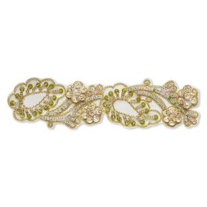 Sew-on component, velveteen / acrylic pearl / sequin / glass / gold-finished copper French wire, multicolored, 5-1/2 x 1-1/2 inches with leaf and flower design. Sold individually.